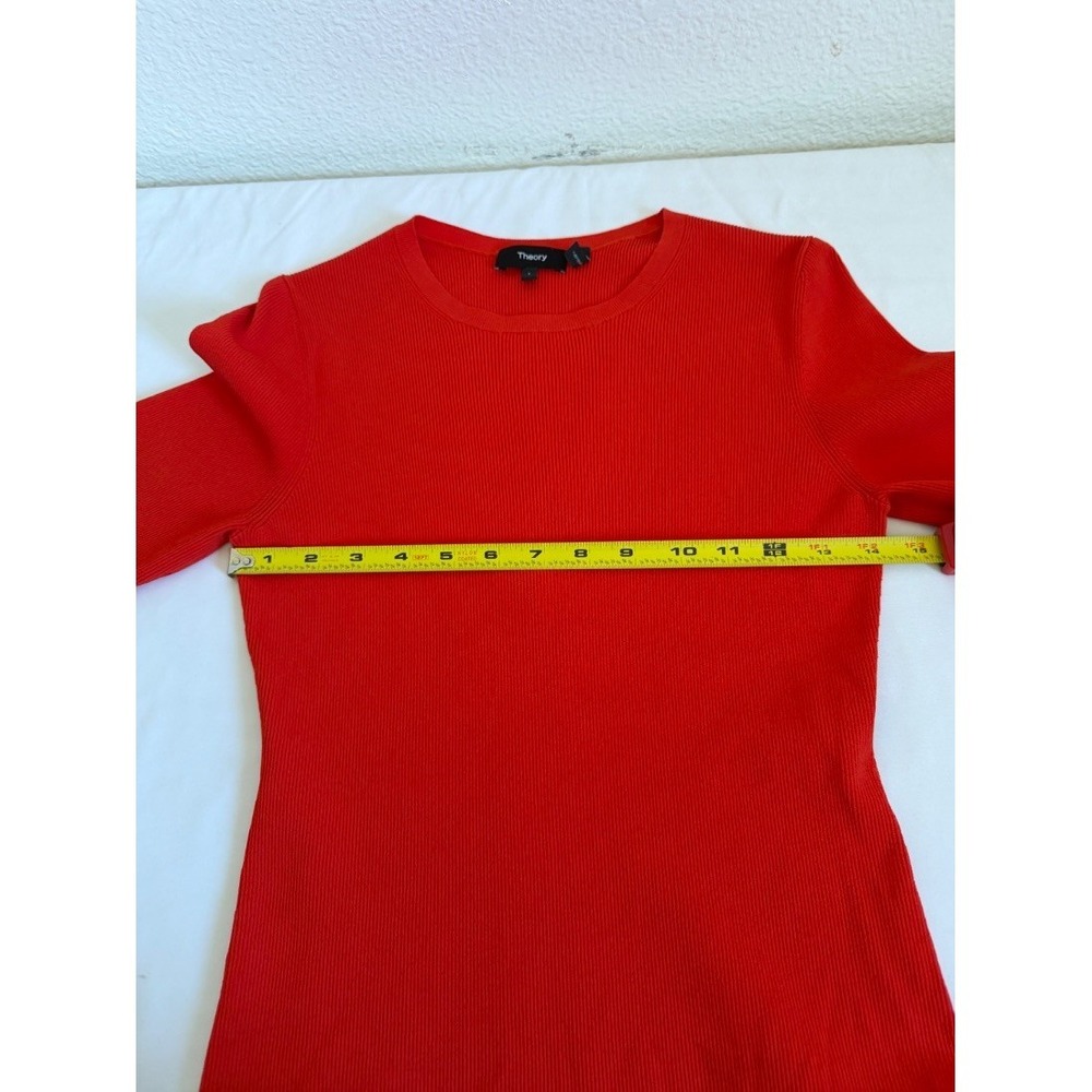 Theoryβ Womens Red Ribbed Knit Long Sleeve Crewneck Fitted Sweater Top L - Picture 13 of 16